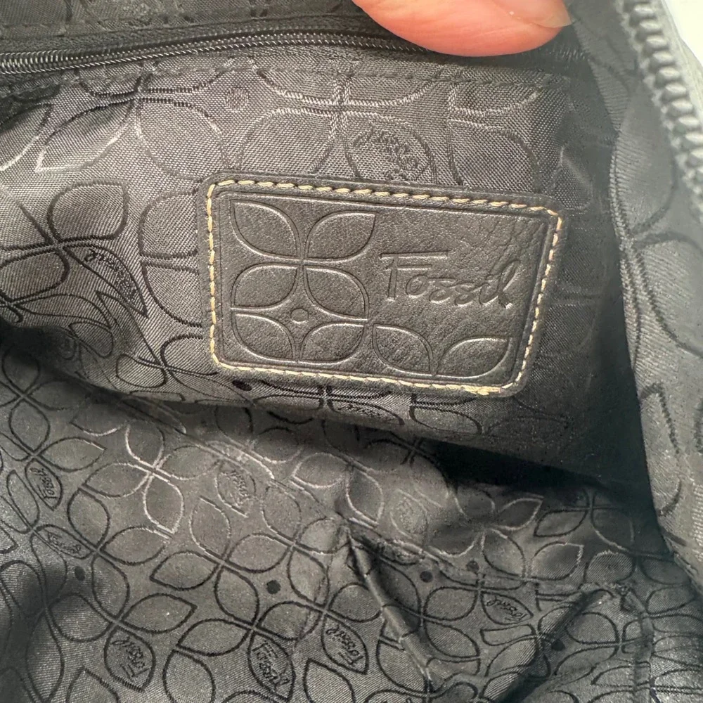 Fossil Black Pebbled Leather Shoulder Bag Contrast Stitch Hobo Purse ZB9384